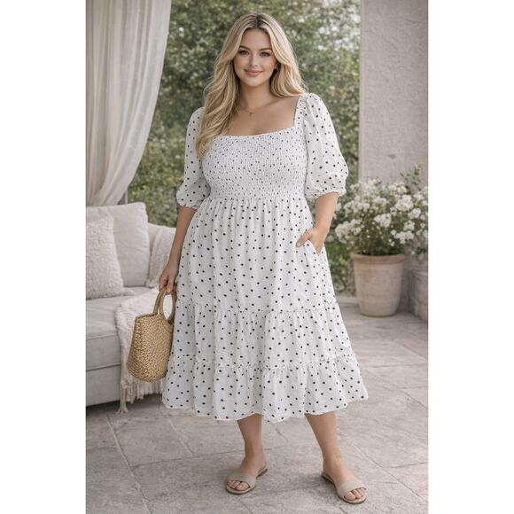 CY Fashion Dresses & Skirts - CY Fashion Sun Dress Polka Dot SS Tiered Dress Womens XXXL 3X Smocked Bodice